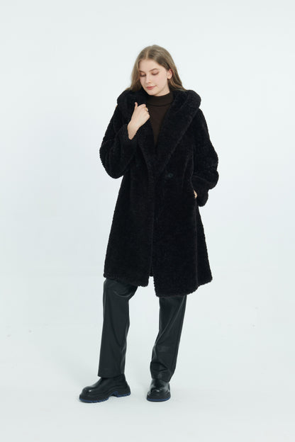 A011 - Manteau mi-long réversible à capuche en fausse fourrure Noir