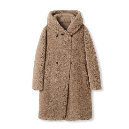 A011 - Manteau réversible mi-long à capuche en fausse fourrure Beige