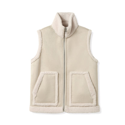 A049 - Gilet femme sans manches réversible en fausse fourrure Ecru