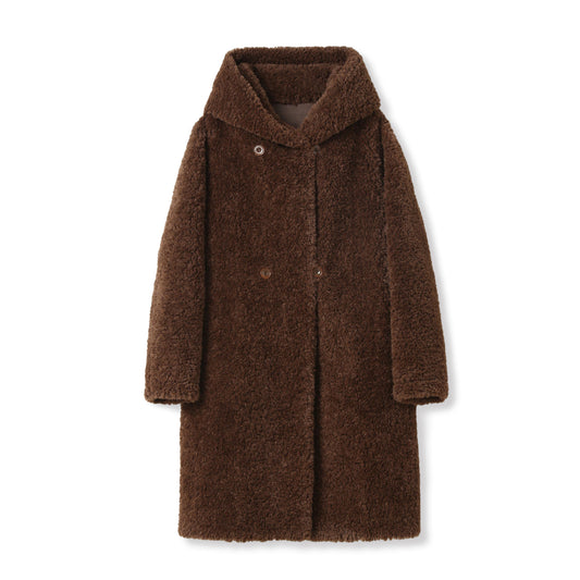 A011 - Manteau réversible mi-long en fausse fourrure avec capuche Choco