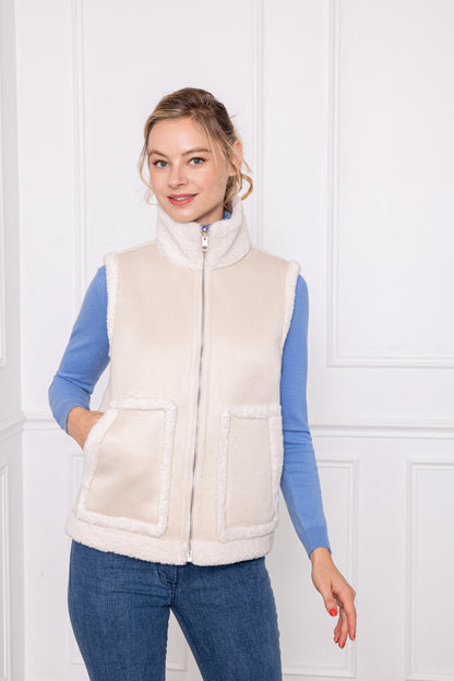 A049 - Gilet femme sans manches réversible en fausse fourrure Ecru