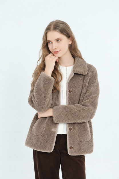Manteau Court Réversible en Fausse Fourrure Sherpa - Taupe