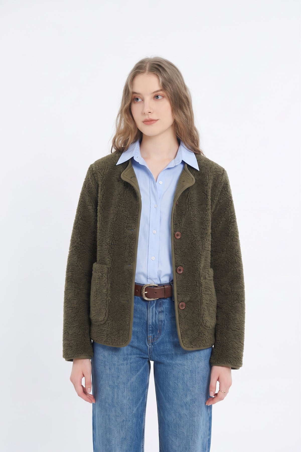 Manteau Court Réversible en Fausse Fourrure Sherpa - Kaki