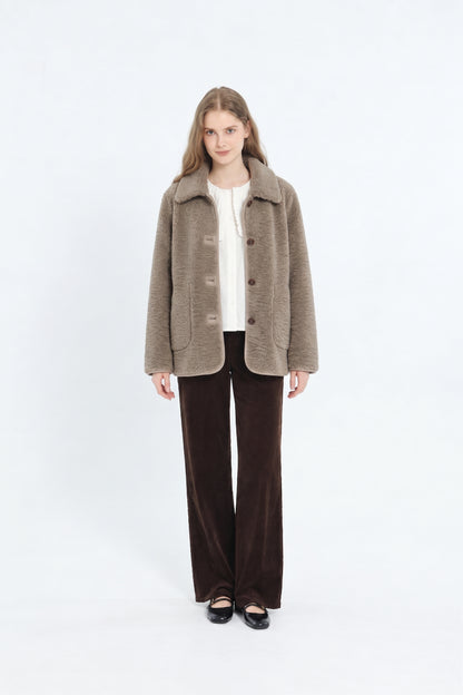 Manteau Court Réversible en Fausse Fourrure Sherpa - Taupe
