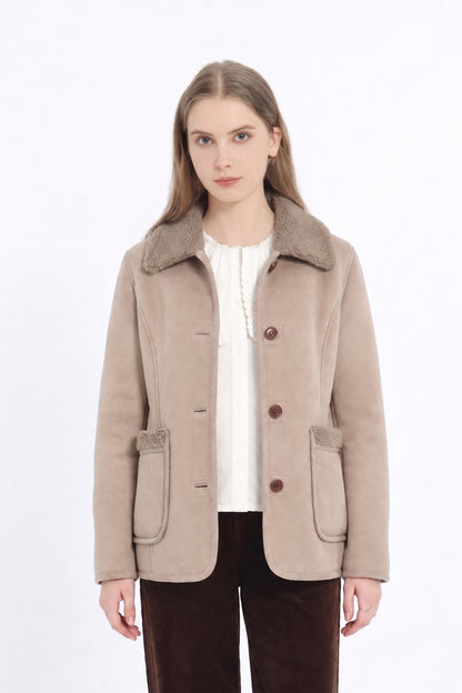 Manteau Court Réversible en Fausse Fourrure Sherpa - Taupe