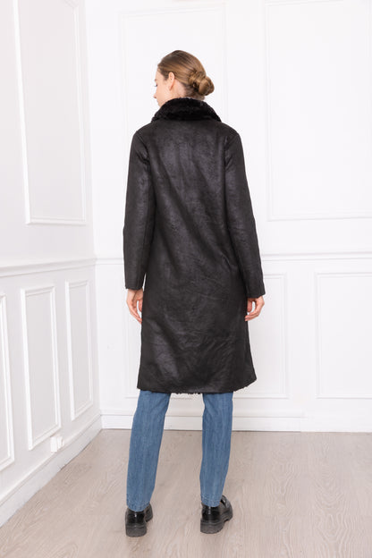 A059 - Long manteau réversible en fausse fourrure couleur Noir